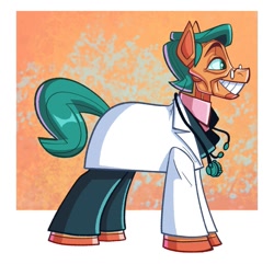 Size: 1079x1039 | Tagged: safe, artist:anontheanon, imported from ponybooru, oc, oc only, oc:dr. schiz, earth pony, pony, robot, robot pony, abstract background, clothes, doctor, grin, lab coat, male, smiling, solo, stallion, stethoscope