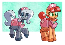 Size: 2440x1700 | Tagged: safe, artist:anontheanon, imported from ponybooru, oc, oc only, earth pony, pony, robot, robot pony, duo, eyebrows visible through hair, female, hat, lidded eyes, looking at you, mare, nurse, nurse hat, nurse outfit