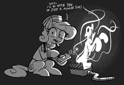 Size: 1731x1188 | Tagged: safe, artist:anontheanon, imported from ponybooru, oc, oc only, oc:belle hop, earth pony, pony, bellhop, bellhop pony, black and white, black background, cigarette, dialogue, female, ghost trap, grayscale, hoof hold, mare, monochrome, simple background, sitting, smoking, talking to viewer