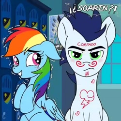 Size: 576x576 | Tagged: safe, imported from ponybooru, rainbow dash, soarin', pegasus, pony, female, male, mare, prank, shipping, soarindash, stallion, straight