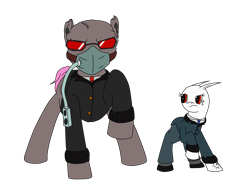 Size: 3266x2449 | Tagged: safe, artist:timejumper, imported from derpibooru, oc, oc only, oc:dandy, oc:eyriss metalsmith, elf, original species, pony, clothes, commission, duo, glasses, madness combat, mask, mutant, necktie, rebreather, simple background, suit, sunglasses, transparent background