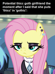 Size: 848x1152 | Tagged: safe, editor:fluttershyisnot adoormat, imported from derpibooru, screencap, fluttershy, fake it 'til you make it, annoyed, clothes, cropped, ear piercing, eyeshadow, female, fluttergoth, fluttershy is not amused, goth, gothic, makeup, mare, meme, offscreen character, piercing, pov, unamused