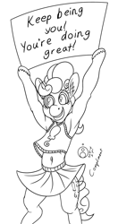 Size: 632x1200 | Tagged: safe, artist:sepiakeys, imported from derpibooru, pinkie pie, pony, bipedal, clothes, monochrome, shirt, sign, skirt, solo