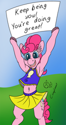 Size: 632x1200 | Tagged: safe, artist:sepiakeys, imported from derpibooru, pinkie pie, pony, bipedal, clothes, shirt, sign, skirt, solo