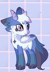 Size: 1131x1599 | Tagged: safe, artist:1mangosta1, imported from derpibooru, oc, oc only, oc:murumaru, hybrid, pony, blue, cute, dragon-pony hybrid, ear fluff, horns, hybrid oc, looking away, patterned background, paws, pink eyes, ponified, solo, tail, tail fluff, white