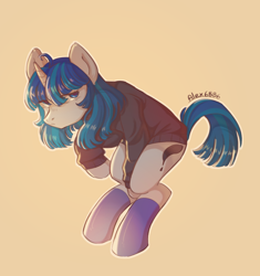 Size: 1392x1483 | Tagged: safe, artist:alex6886, imported from derpibooru, stygian, pony, unicorn, bipedal, bipedal leaning, blue eyes, blue mane, clothes, gradient background, gray coat, horn, leaning, looking at you, male, socks, solo, stockings, stygian's cutie mark, sweater, thigh highs, turtleneck