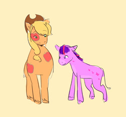 Size: 1035x966 | Tagged: safe, imported from derpibooru, applejack, twilight sparkle, donkey, apple, applejack's hat, blonde hair, cowboy hat, duo, female, food, green eyes, hat, purple eyes, species swap, star mark, stars