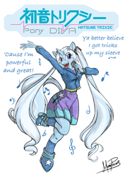 Size: 2481x3508 | Tagged: safe, artist:memprices, derpibooru exclusive, imported from derpibooru, trixie, anthro, unguligrade anthro, blushing, boots, clothes, cosplay, costume, crossover, digital art, hairclip, hatsune miku, logo parody, looking at you, lyrics, microphone, music notes, pencil drawing, ponytail, rainbow rocks 10th anniversary, raised hand, shoes, singing, skirt, smiling, smiling at you, standing, standing on one leg, sweater, text, traditional art, tricks up my sleeve, vocaloid