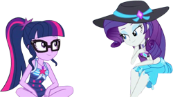 Size: 4464x2491 | Tagged: safe, edit, edited screencap, editor:homersimpson1983, imported from derpibooru, screencap, rarity, sci-twi, twilight sparkle, equestria girls, background removed, bikini, clothes, equestria girls specials, glasses, hat, my little pony equestria girls: forgotten friendship, not a vector, ponytail, sitting, swimsuit