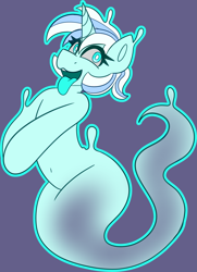 Size: 2613x3614 | Tagged: safe, artist:askhypnoswirl, imported from derpibooru, oc, oc only, oc:quantum smores, ghost, ghost pony, undead, unicorn, commission, eyelashes, female, horn, looking at you, solo, solo female, tongue out, unicorn oc