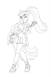 Size: 2177x3281 | Tagged: safe, artist:ciaran, derpibooru exclusive, imported from derpibooru, sonata dusk, anthro, siren, equestria girls, bass guitar, black and white, boots, clothes, disguise, disguised siren, eyebrows, eyebrows visible through hair, female, gem, grayscale, jacket, jewelry, leather, leather jacket, lineart, monochrome, musical instrument, my little pony equestria girls: rainbow rocks, necklace, open mouth, rainbow rocks 10th anniversary, shirt, shoes, singing, siren gem, solo, traditional art, wristband