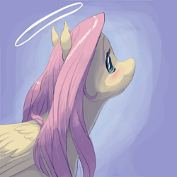 Size: 1280x1280 | Tagged: safe, artist:universalheart, imported from derpibooru, fluttershy, pegasus, pony, blue background, halo, simple background, solo