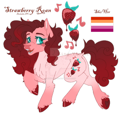 Size: 1280x1227 | Tagged: safe, artist:king-victor, imported from derpibooru, oc, oc only, oc:strawberry roan, earth pony, pony, chest fluff, deviantart watermark, female, lesbian pride flag, mare, obtrusive watermark, offspring, parent:cheese sandwich, parent:pinkie pie, parents:cheesepie, pride, pride flag, reference sheet, simple background, solo, standing on two hooves, transparent background, unshorn fetlocks, watermark