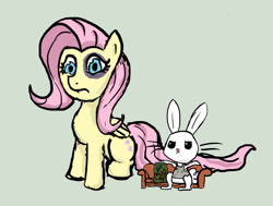 Size: 828x627 | Tagged: safe, artist:jberg18, imported from derpibooru, angel bunny, fluttershy, pony, abuse, black eye, clothes, flutterbuse, shirt, simple background