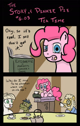 Size: 1200x1888 | Tagged: safe, artist:jberg18, imported from derpibooru, madame leflour, pinkie pie, rocky, sir lintsalot, pony, the story of pinkie pie, book, comic, female, filly, filly pinkie pie, pun, teapot, visual pun, younger