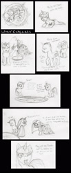 Size: 1200x2918 | Tagged: safe, artist:jberg18, imported from derpibooru, pinkie pie, rarity, twilight sparkle, pony, fanfic:cupcakes, bald, chalk, clothes, comic, cutie mark dress, dress, magic, magic circle, monochrome, pinkamena diane pie