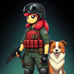 Size: 1024x1024 | Tagged: safe, imported from derpibooru, apple bloom, winona, anthro, ai content, ai generated, clothes, cosplay, costume, duo, female, fingerless gloves, g.i. joe, generator:google imagen 3.0, gloves, gradient background, gun, helmet, junkyard, military uniform, mutt, prompter:zerowinger, submachinegun, uniform, weapon