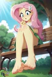 Size: 2496x3648 | Tagged: safe, imported from derpibooru, fluttershy, human, equestria girls, ai content, ai generated, bench, blurry background, day, feet, female, fetish, foot fetish, foot focus, low angle, outdoors, prompter:trux23, sitting, solo, solo female, solo focus, toes