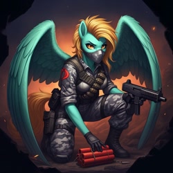 Size: 1024x1024 | Tagged: safe, imported from derpibooru, lightning dust, anthro, pegasus, plantigrade anthro, ai content, ai generated, bomb, clothes, cosplay, costume, female, firefly (gi joe), g.i. joe, generator:google imagen 3.0, gun, prompter:zerowinger, solo, submachinegun, weapon