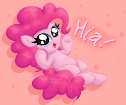 Size: 3483x2908 | Tagged: safe, artist:background basset, imported from derpibooru, pinkie pie, earth pony, pony, abstract background, cute, dialogue, diapinkes, female, happy, looking at you, open mouth, open smile, smiling, solo, text, underhoof