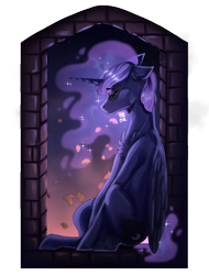 Size: 3040x4000 | Tagged: safe, artist:iyezekiil, imported from derpibooru, princess luna, alicorn, pony, autumn leaves, ethereal mane, eyebrows, eyebrows visible through hair, eyes closed, female, leaf, leaves, mare, night, signature, sitting, solo, windowsill