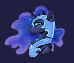 Size: 2490x2110 | Tagged: safe, artist:iyezekiil, imported from derpibooru, nightmare moon, alicorn, pony, bust, ethereal mane, female, helmet, mare, peytral, portrait, profile, signature, simple background, solo