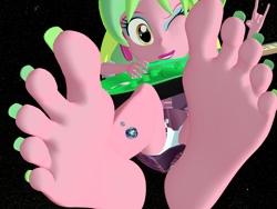 Size: 5000x3750 | Tagged: safe, artist:dragonalex555, imported from derpibooru, lemon zest, human, equestria girls, barefoot, bigger than a planet, devil horn (gesture), electric guitar, feet, female, fetish, foot fetish, giant human, giantess, guitar, macro, musical instrument, my little pony equestria girls: friendship games, nail polish, one eye closed, soles, toenail polish, toenails, toes, wink