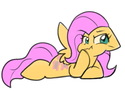 Size: 883x643 | Tagged: safe, artist:zutcha, imported from derpibooru, fluttershy, pegasus, pony, female, floppy ears, hoof on chin, lying down, mare, narrowed eyes, prone, simple background, solo, spread wings, white background, wings