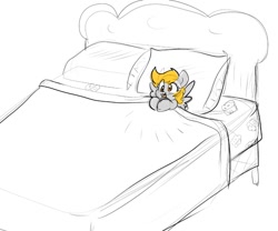 Size: 1028x855 | Tagged: safe, artist:zutcha, imported from derpibooru, derpy hooves, pegasus, pony, bed, cute, derpabetes, in bed, open mouth, open smile, simple background, smiling, solo, spread wings, tiny, tiny ponies, white background, wings