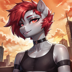 Size: 2400x2400 | Tagged: safe, imported from derpibooru, oc, oc only, oc:raven blood, anthro, pegasus, ai content, ai generated, choker, city, clothes, cloud, eyeshadow, femboy, generator:pony diffusion v6 xl, generator:stable diffusion, gray coat, looking at you, makeup, male, orange sky, prompter:infernum, red eyes, red eyeshadow, red mane, short shirt, sky, skyscraper, smiling, smiling at you