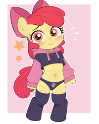 Size: 2048x2560 | Tagged: safe, imported from derpibooru, apple bloom, earth pony, pony, semi-anthro, ai assisted, ai content, belly, belly button, bipedal, blushing, clothes, crop top hoodie, female, filly, foal, looking at you, outline, paggi outfit, panties, passepartout, pink background, simple background, smiling, smiling at you, socks, solo, stars, sweat, sweatdrop, underwear, white outline