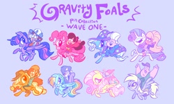 Size: 2048x1229 | Tagged: safe, artist:janegumball, imported from derpibooru, part of a set, applejack, derpy hooves, fluttershy, pinkie pie, rainbow dash, rarity, trixie, twilight sparkle, alicorn, earth pony, gnome, human, pegasus, pony, unicorn, acne, advertisement, alternate cutie mark, alternate eye color, ankle socks, applejack's hat, bangs, baseball cap, belt, big eyes, big head, blonde hair, blonde mane, blonde tail, blue background, blue coat, blue eyes, blue eyeshadow, blue mane, blue tail, boots, braces, brooch, brown hair, bucktooth, cap, cape, clothes, colored, colored nose, cowboy hat, crossover, curly mane, curly tail, denim, derp, diplight, dipper pines, dress, dress pants, duo, duo female, duo male and female, ear piercing, earring, eye clipping through hair, eyebrows, eyebrows visible through hair, eyelashes, eyeshadow, female, flag, flannel, flat colors, flying, folded wings, for sale, freckles, friendshipping, frown, galloping, gideon gleeful, gravity falls, gray coat, gray hoodie, green background, green eyes, group, hat, headband, helix piercing, holding book, holding hat, hoodie, hooped earrings, horn, humans riding ponies, jacket, jeans, jewelry, lidded eyes, light skin, long mane, long tail, looking at each other, looking at someone, looking back, mabel pines, makeup, male, mare, muddy boots, multicolored hair, narrowed eyes, necktie, open frown, open mouth, open smile, orange coat, pacifica northwest, pale skin, panicking, pants, piercing, pink mane, pink sweater, pink tail, pleated skirt, ponytail, profile, puking rainbows, purple background, purple coat, purple dress, purple eyes, purple eyeshadow, purple hair, purple mane, purple skirt, purple tail, purple text, quartet, rainbow hair, rainbow tail, raised arm, raised hoof, raised leg, red hair, redhead, riding, riding a pony, ringlets, robbie valentino, running, shirt, shoes, shrunken pupils, signature, simple background, skinny jeans, skirt, smiling, smiling at each other, smiling at someone, soos, sparkly eyes, sparkly mane, sparkly tail, spread wings, standing, standing on one leg, standing on two hooves, starry eyes, straight mane, straight tail, striped mane, striped tail, stubble, suit, sweater, t-shirt, tail, tan skin, text, thick eyelashes, thin, three toned mane, three toned tail, tied hair, tied mane, tied tail, trixie's brooch, trixie's cape, trixie's hat, turtleneck, turtleneck sweater, tuxedo, twilight sparkle (alicorn), two toned mane, two toned tail, unamused, unicorn horn, united states, vest, vomit, vomiting, wall of tags, wendy corduroy, white coat, white hair, wingding eyes, wings, winter cap, yellow coat, yellow eyes