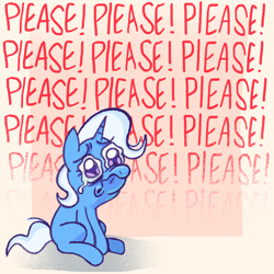 Size: 2048x2048 | Tagged: safe, artist:chipchapp, imported from derpibooru, trixie, pony, unicorn, advertisement, begging, blue coat, blue mane, blue tail, crying, eyelashes, female, frown, high res, horn, link in description, mare, missing cutie mark, music in description, passepartout, purple eyes, red text, scrunchy face, simple background, sitting, solo, tail, text, two toned mane, two toned tail, unicorn horn, white background