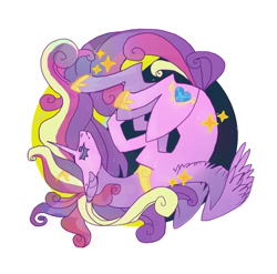 Size: 942x930 | Tagged: safe, artist:cutesykill, imported from derpibooru, princess cadance, alicorn, pony, beanbrows, circle background, colored eyebrows, colored eyelashes, colored pinnae, crown, curled up, curly mane, curly tail, ear piercing, earring, eyebrows, female, floppy ears, gray eyebrows, hoof shoes, horn, jewelry, mare, old art, partially open wings, peytral, piercing, pink coat, princess shoes, profile, regalia, simple background, solo, sparkles, striped horn, tail, three toned mane, three toned tail, tiara, unicorn horn, white background, wings