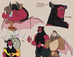 Size: 4096x3151 | Tagged: safe, artist:chub-wub, imported from derpibooru, discord, lord tirek, scorpan, centaur, draconequus, gargoyle, taur, a better ending for tirek, alternate design, alternate universe, beard, belt, black fur, black sclera, blush lines, blushing, bracer, broken horn, broken horns, brothers, brown fur, brown hair, bust, claws, colored claws, colored eyebrows, colored horns, colored legs, colored pinnae, colored sclera, colored wings, cream background, curved horns, cut horn, eyes closed, facial hair, floating heart, gray fur, hand on chest, harsher in hindsight, heart, heart hands, high res, horn, horns, hug, long ears, looking at someone, male, mismatched horns, nose piercing, nose ring, open mouth, open smile, piercing, profile, red skin, reformed, reformed tirek, reformed villain, requested art, septum piercing, shaved, siblings, simple background, smiling, smiling at someone, solo focus, standing, text, trio, trio male, two toned wings, wing claws, wings, yellow eyes