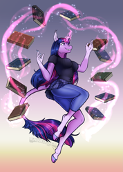 Size: 1599x2250 | Tagged: safe, artist:blackblood-queen, imported from derpibooru, twilight sparkle, anthro, bat pony, bat pony unicorn, hybrid, unguligrade anthro, unicorn, book, breasts, busty twilight sparkle, clothes, cloven hooves, curved horn, digital art, female, glowing, glowing horn, gradient background, horn, leonine tail, levitation, magic, mare, shirt, smiling, solo, tail, telekinesis