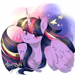 Size: 2048x2048 | Tagged: safe, artist:mikkybun, imported from derpibooru, twilight sparkle, alicorn, pony, bust, chest fluff, female, mare, shoulder blush, signature, simple background, solo, twilight sparkle (alicorn), white background