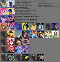 Size: 1692x1761 | Tagged: safe, artist:kamenriderpegasus, imported from derpibooru, button mash, doctor whooves, flam, flim, pinkie pie, princess luna, rainbow dash, spike, time turner, trixie, twilight sparkle, oc, gamer luna, brothers, bubble berry, chart, dusk shine, flim flam brothers, kamen rider, kamen rider brave, kamen rider build, kamen rider decade, kamen rider drive, kamen rider ex-aid, kamen rider fourze, kamen rider gaim, kamen rider gavv, kamen rider genm, kamen rider snipe, kamen rider wizard, list, male, older, older spike, rule 63, siblings