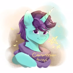 Size: 2048x2048 | Tagged: safe, artist:mikkybun, imported from derpibooru, oc, oc only, pony, unicorn, bust, clothes, commission, eyebrows, eyebrows visible through hair, horn, looking at you, male, scarf, signature, smiling, smiling at you, solo, stallion