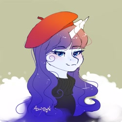 Size: 2048x2048 | Tagged: safe, artist:mikkybun, imported from derpibooru, rarity, pony, unicorn, beatnik rarity, beret, blushing, bust, clothes, female, hat, horn, looking at you, mare, signature, simple background, smiling, smiling at you, solo, sweater