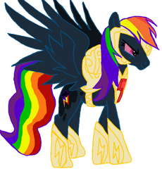 Size: 690x750 | Tagged: safe, artist:qjosh, imported from derpibooru, rainbow dash, pegasus, pony, bevor, boots, chestplate, clothes, corrupted element of harmony, corrupted element of loyalty, element of harmony, element of loyalty, female, flanchards, helmet, mare, nightmare rainbow dash, nightmarified, pauldrant, rerebrant, saddle, shoes, simple background, slit pupils, solo, tack, transformation, transformation sequence, white background