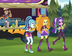 Size: 2000x1567 | Tagged: safe, artist:sapphiregamgee, imported from derpibooru, adagio dazzle, aria blaze, sonata dusk, oc, equestria girls, commission, equestria girls specials, food truck, music festival outfit, my little pony equestria girls: sunset's backstage pass