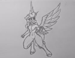 Size: 4001x3083 | Tagged: safe, artist:soundwavedragon, imported from derpibooru, oc, oc only, oc:fizzy sprinkles, alicorn, anthro, pony, bipedal, collar, curly hair, curly mane, curly tail, eyelashes, feathered fetlocks, feathered wings, femboy, feminine stallion, fingernails, floppy ears, heart, heart charm, hooves, horn, large wings, long hair, long hair male, long horn, long mane, long tail, male, sketch, solo, spread wings, stallion, tail, thighs, thunder thighs, traditional art, wide hips, wings