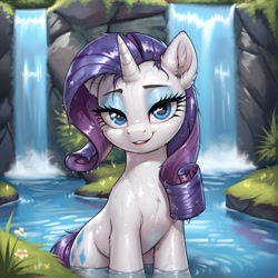 Size: 1024x1024 | Tagged: safe, imported from derpibooru, rarity, ai content, ai generated, generator:pony diffusion v6 xl, generator:stable diffusion, prompter:thelight3d, water, waterfall, wet