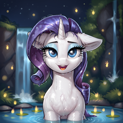 Size: 1024x1024 | Tagged: safe, imported from derpibooru, rarity, ai content, ai generated, generator:pony diffusion v6 xl, generator:stable diffusion, prompter:thelight3d, water, waterfall, wet