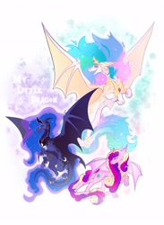 Size: 1496x2048 | Tagged: safe, artist:koffeemilk, imported from derpibooru, princess cadance, princess celestia, princess luna, dragon, alicorn triarchy, dragondance, dragoness, dragonified, dragonlestia, eyes closed, female, lunadragon, my little x, open mouth, open smile, smiling, species swap, spread wings, trio, trio female, wings