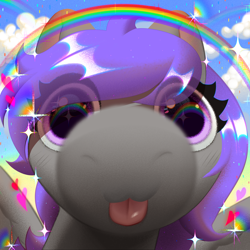 Size: 3000x3000 | Tagged: safe, artist:rrd-artist, imported from derpibooru, oc, oc only, oc:rural soup, pegasus, blushing, close-up, cloud, cute, gray coat, heart, purple eyes, purple mane, rainbow, snoot, snout, solo, sparkles, tongue out