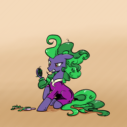 Size: 3000x3000 | Tagged: safe, artist:brella, imported from derpibooru, mane-iac, earth pony, pony, clothes, comb, female, gradient background, mare, patterned background, solo, suit