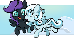 Size: 2415x1247 | Tagged: safe, artist:brella, imported from derpibooru, oc, oc:nyx, oc:snowdrop, alicorn, pegasus, pony, :o, cloud, female, filly, flying, foal, hoof hold, open mouth, simple background, smiling, solo, transparent background