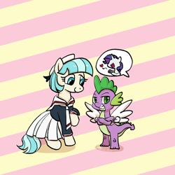Size: 3000x3000 | Tagged: safe, artist:brella, imported from derpibooru, coco pommel, rarity, spike, dragon, earth pony, pony, unicorn, camera, cardcaptor sakura, clothes, cosplay, costume, crossed arms, fake wings, female, grin, heart, horn, kero-chan, mare, offscreen character, patterned background, sailor uniform, sakura kinomoto, sitting, skirt, smiling, speech bubble, uniform